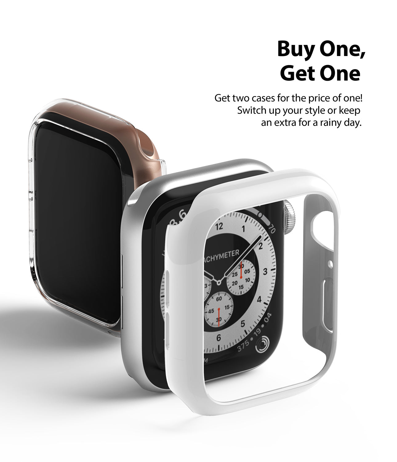 Apple Watch Series 6 / 5 / 4 / SE (44mm) Case | Slim (2 Pack) - Apple Watch Series 6 / 5 / 4 / SE (44mm) Case | Slim (2 Pack) - Two protective watch cases floating near an Apple Watch.