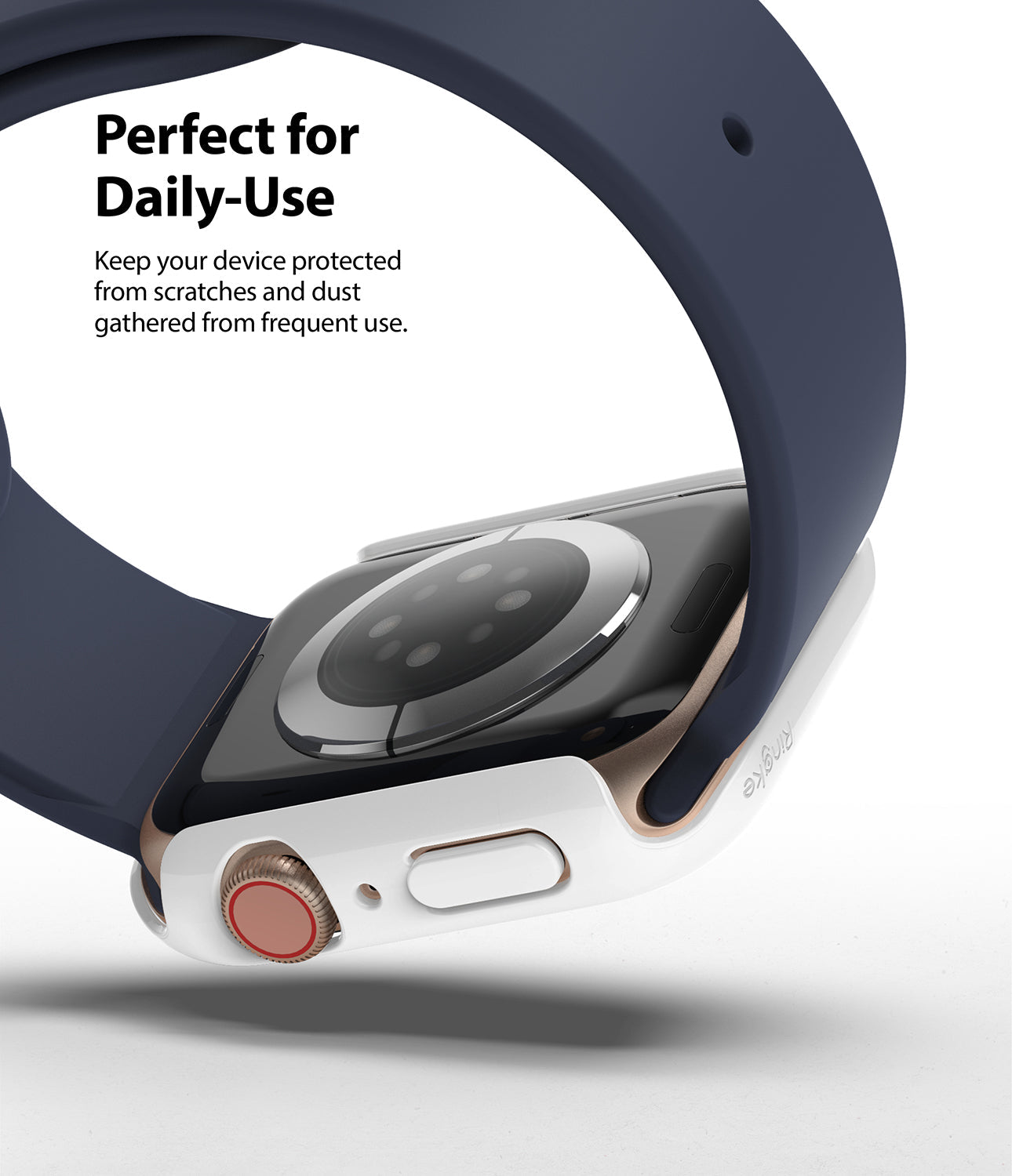 Apple Watch Series 6 / 5 / 4 / SE (44mm) Case | Slim (2 Pack) - Apple Watch Slim Case - White protective case on a gold Apple Watch with a navy blue band, showing side button access.