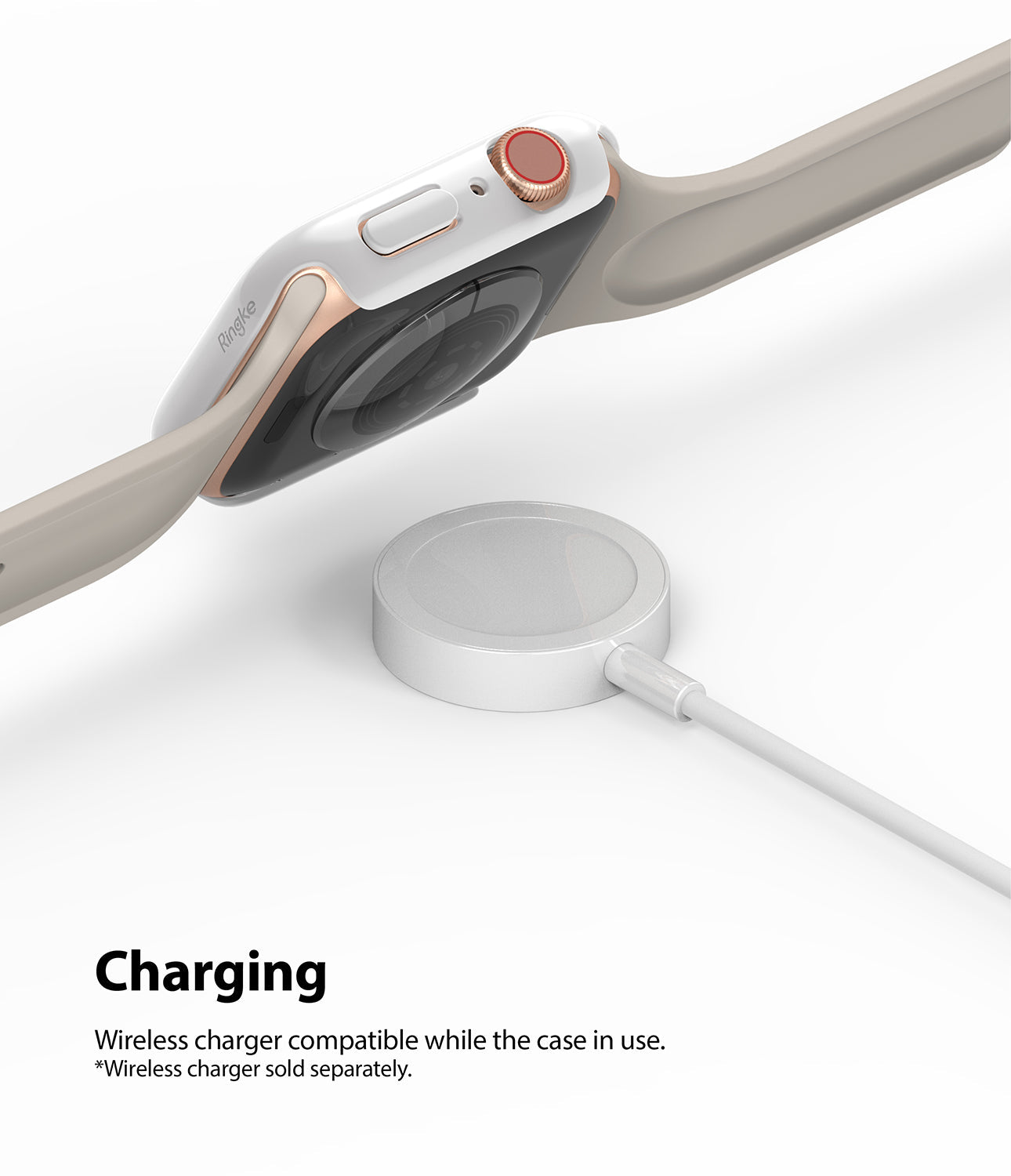 Apple Watch Series 6 / 5 / 4 / SE (44mm) Case | Slim (2 Pack) - Apple Watch Series 6 / 5 / 4 / SE (44mm) Case - White slim case on an Apple Watch hovering over a wireless charger.