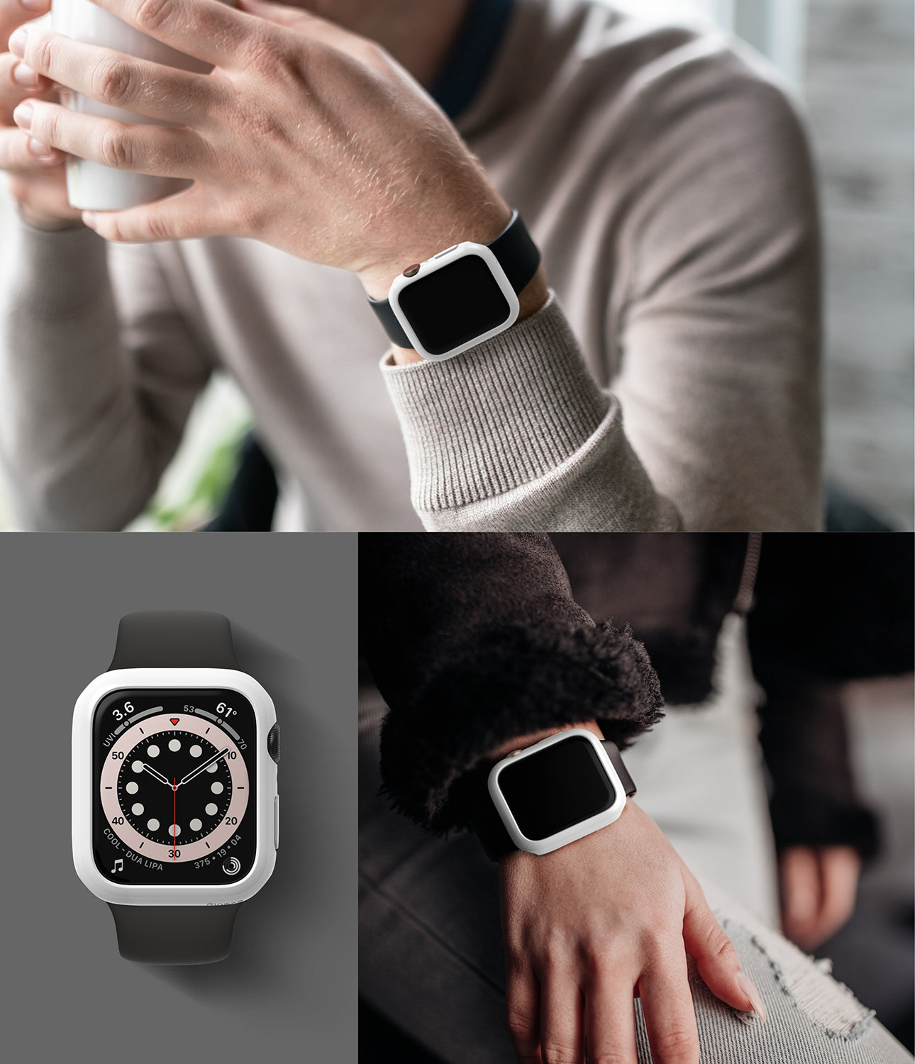 Apple Watch Series 6 / 5 / 4 / SE (44mm) Case | Slim (2 Pack) - Apple Watch Series 6 / 5 / 4 / SE (44mm) Case | Slim (2 Pack) - White protective case on a black Apple Watch.