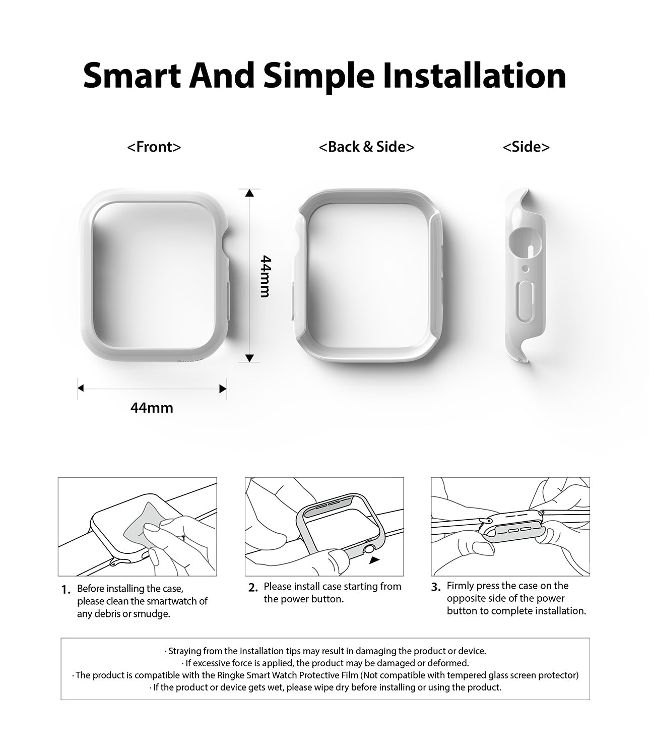 Apple Watch Series 6 / 5 / 4 / SE (44mm) Case | Slim (2 Pack) - Apple Watch Series 6 / 5 / 4 / SE (44mm) Case | Slim (2 Pack) - Diagrams showing 44mm case dimensions and installation steps.