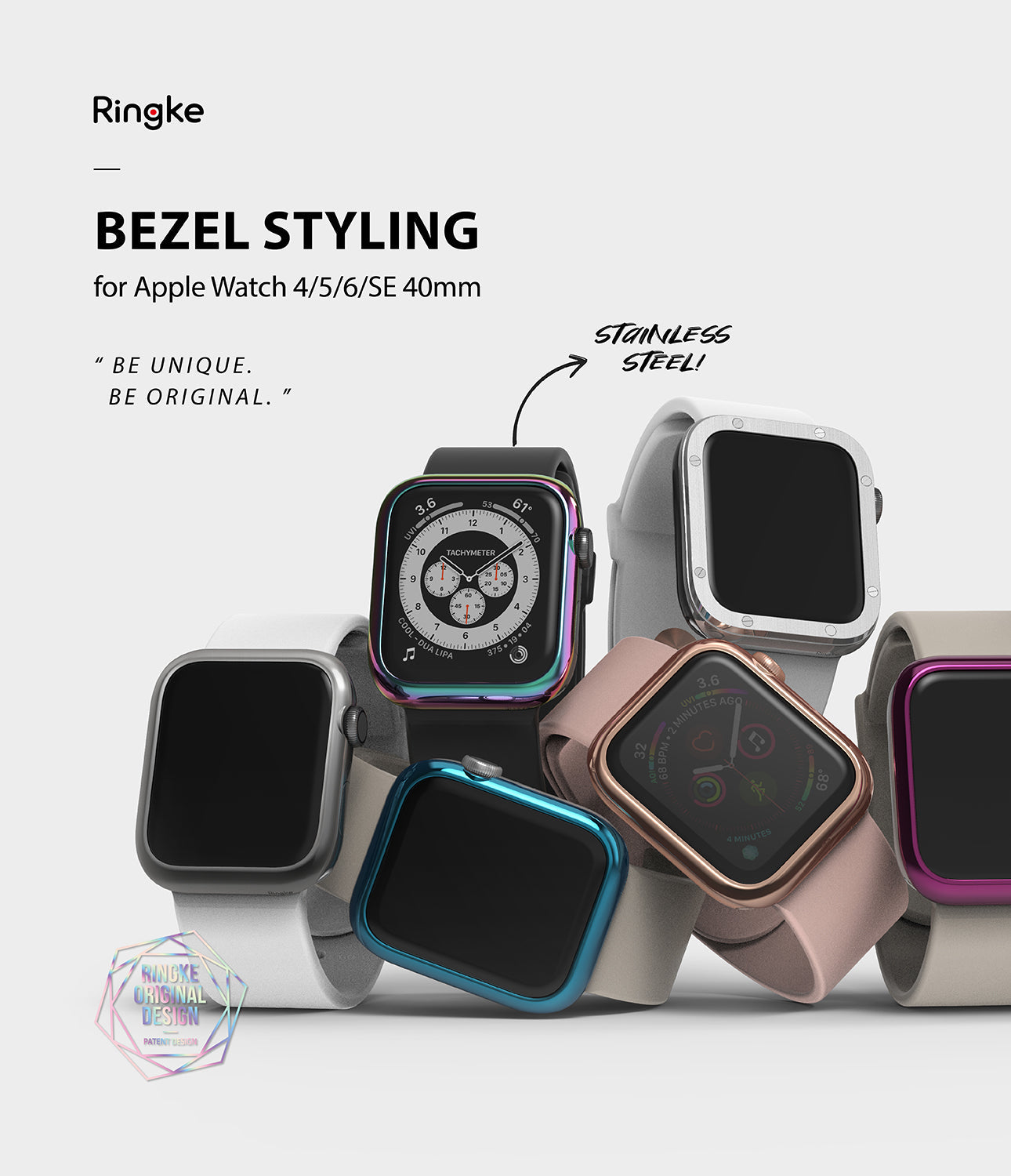 Apple Watch Series 6 / 5 / 4 / SE (40mm) | Premium Bezel Styling Silver + Black - Multiple Apple Watches with colorful metal bezels.