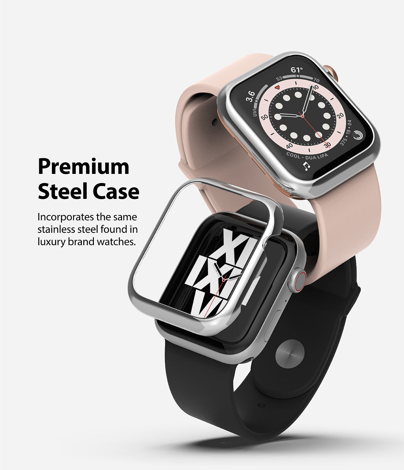 Apple Watch Series 6 / 5 / 4 / SE (40mm) | Premium Bezel Styling Silver + Black - Two Apple Watches with silver steel cases.