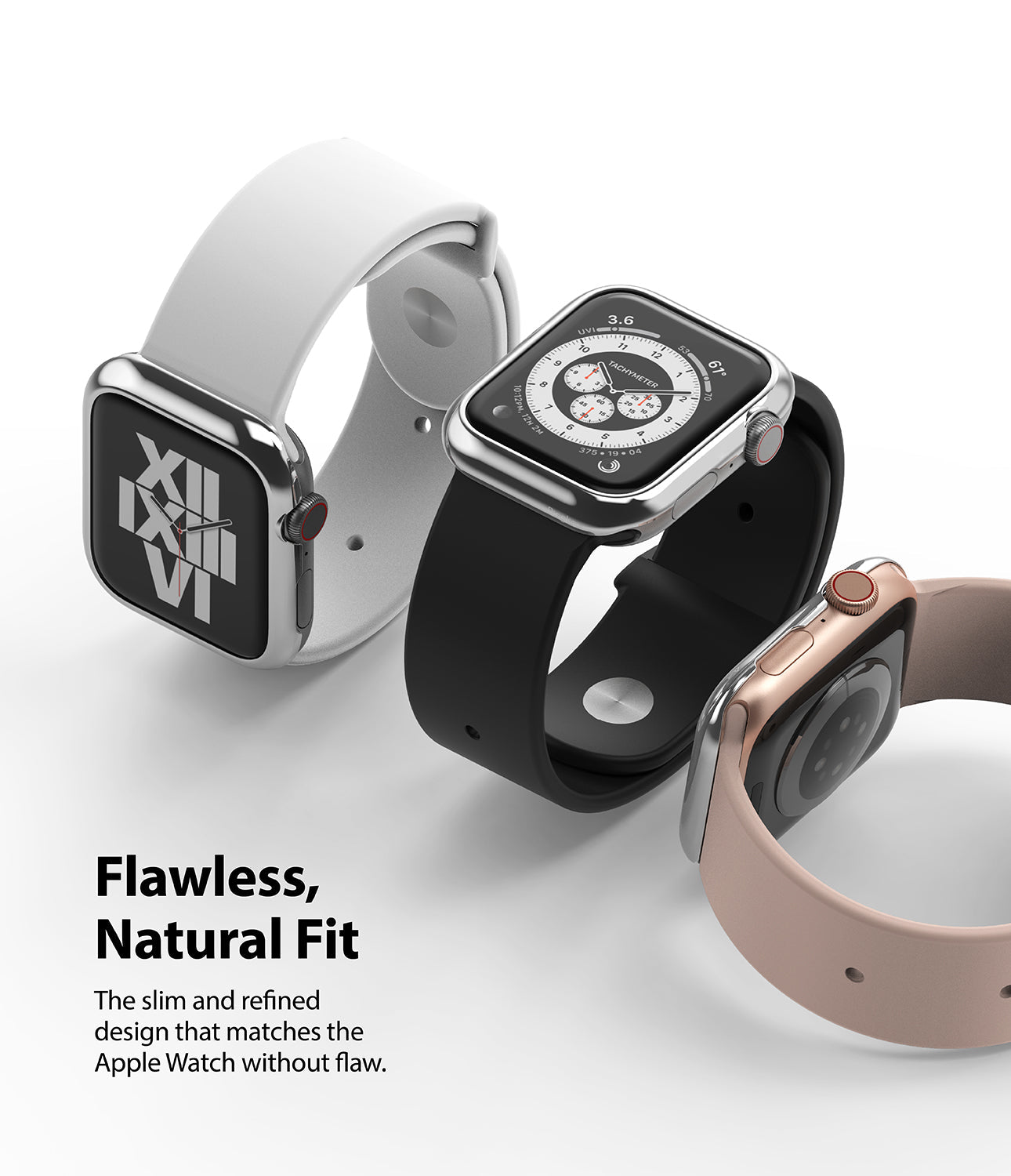 Apple Watch Series 6 / 5 / 4 / SE (40mm) | Premium Bezel Styling Silver + Black - Three Apple Watches with metallic bezels.