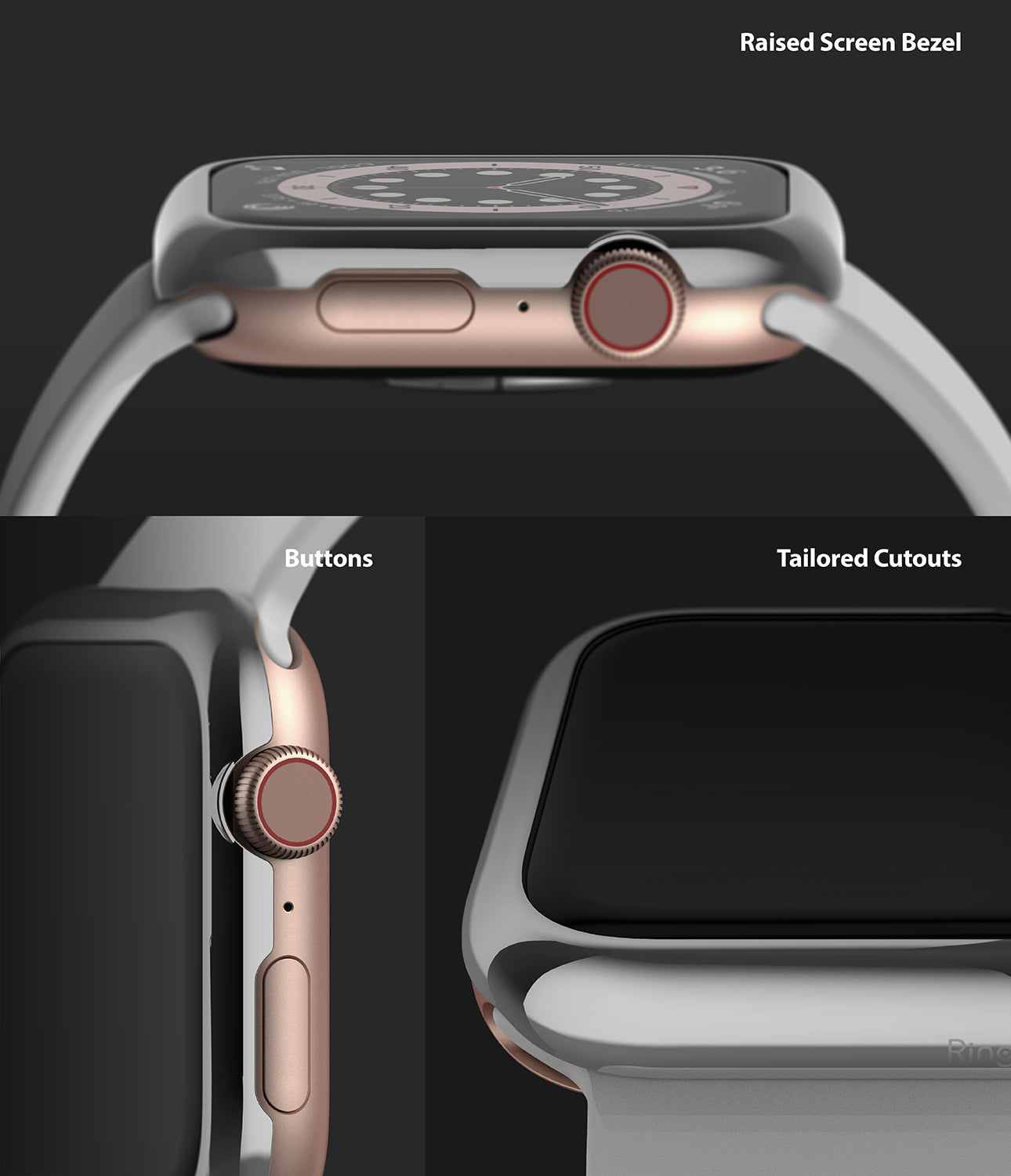 Apple Watch Series 6 / 5 / 4 / SE (40mm) | Premium Bezel Styling Silver + Black - Close-up views of watch bezel features.
