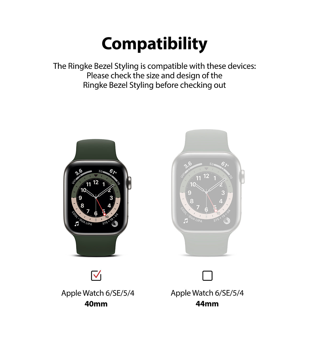 Apple Watch Series 6 / 5 / 4 / SE (40mm) | Premium Bezel Styling Silver + Black - Compatibility chart for 40mm vs 44mm.