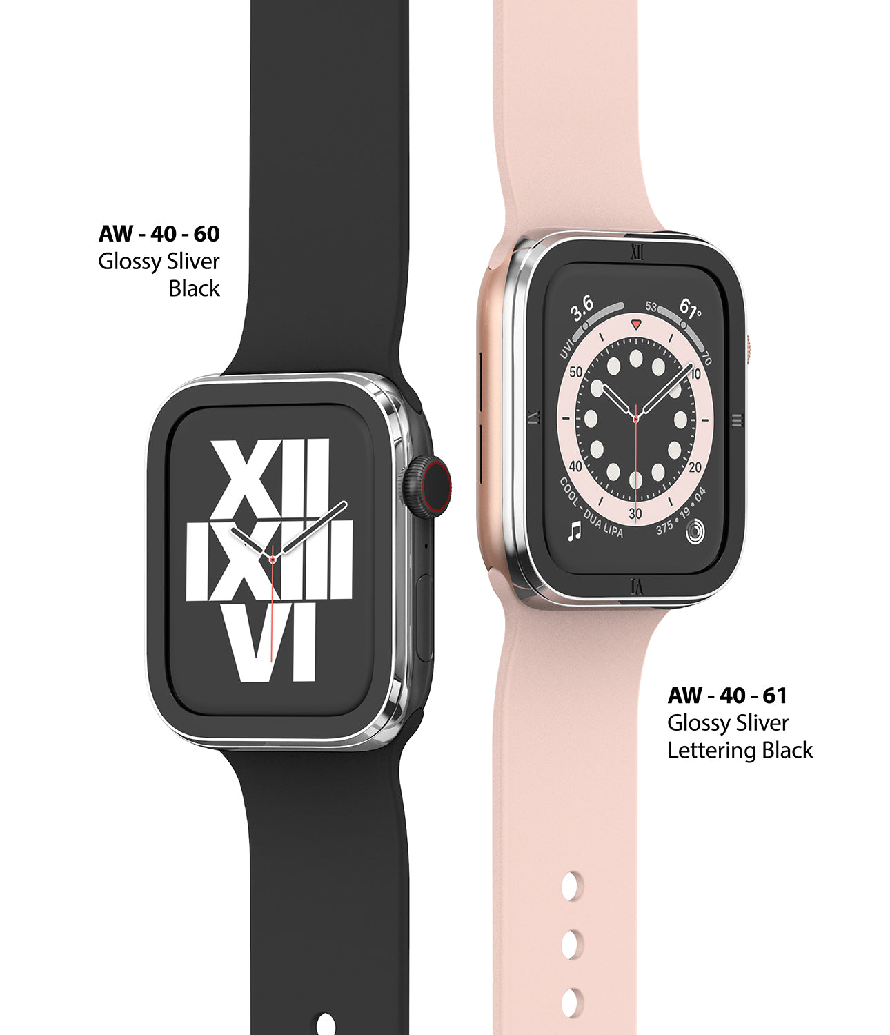 Apple Watch Series 6 / 5 / 4 / SE (40mm) | Premium Bezel Styling Silver + Black - Two Apple Watches with silver bezels.