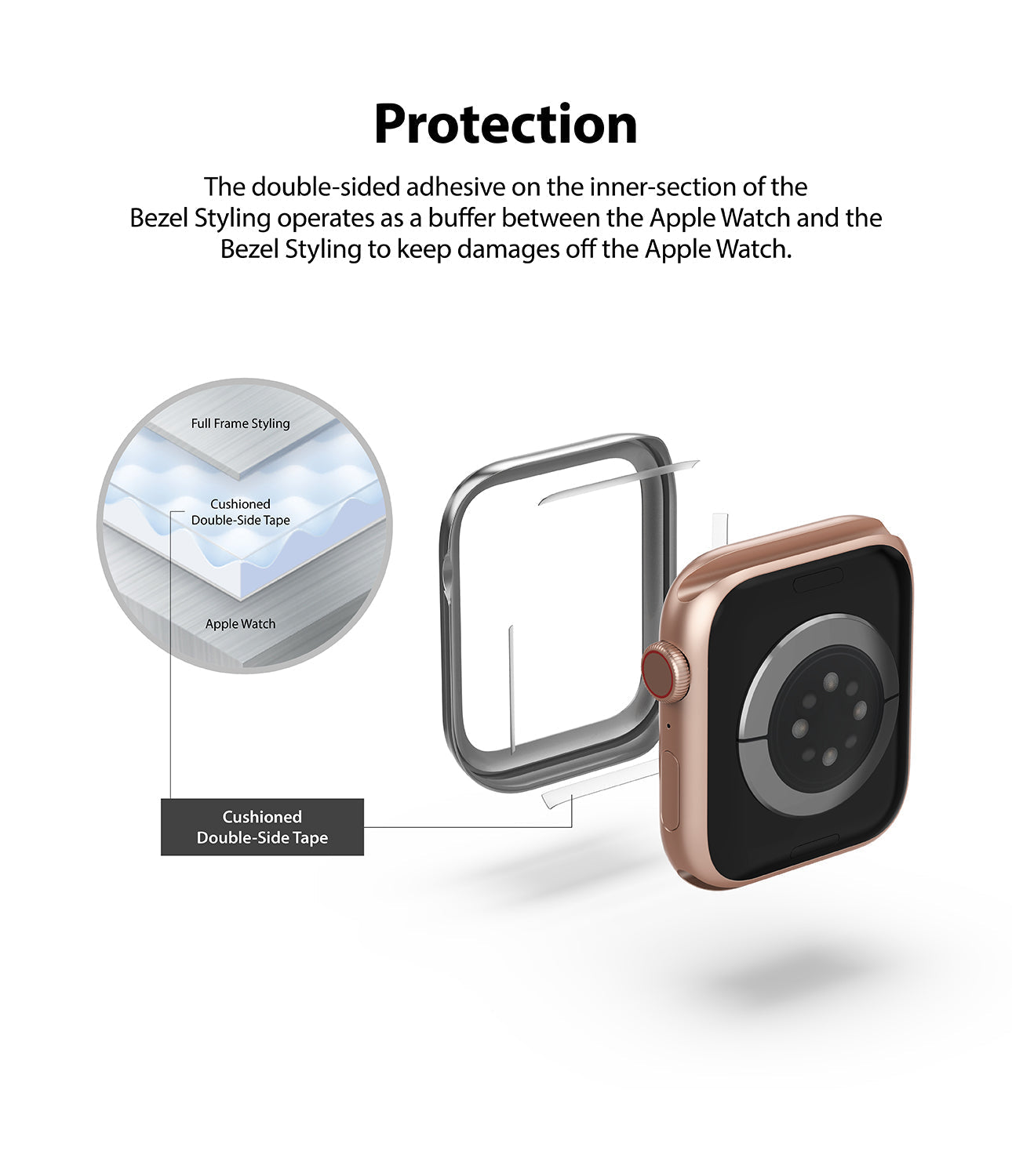Apple Watch Series 6 / 5 / 4 / SE (40mm) | Premium Bezel Styling Silver + Black - Apple Watch Bezel Styling - Exploded view showing adhesive tape between the watch bezel and the Apple Watch casing.
