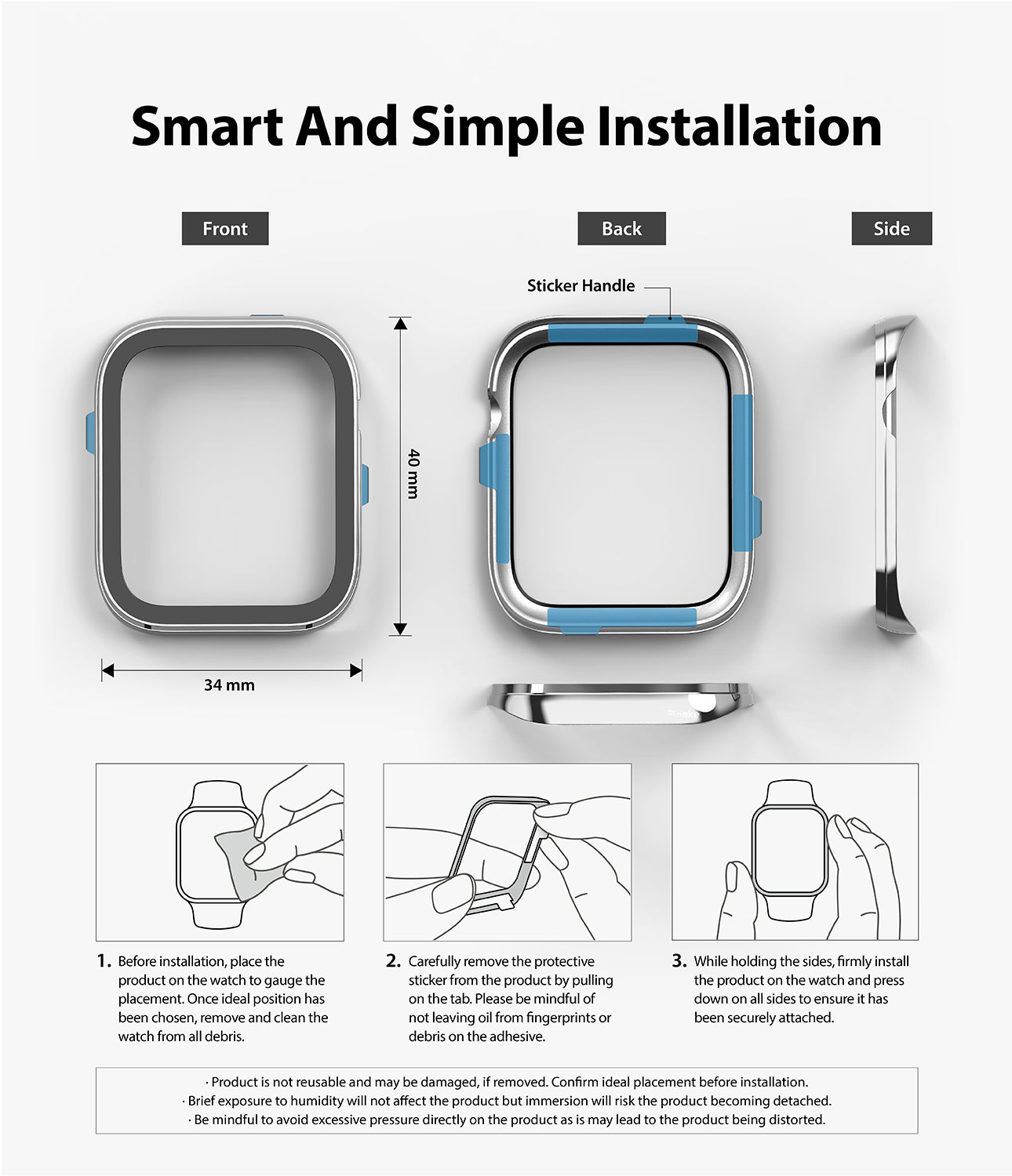 Apple Watch Series 6 / 5 / 4 / SE (40mm) | Premium Bezel Styling Silver + Black - Apple Watch Series 6 / 5 / 4 / SE (40mm) - Diagrams showing dimensions and three-step installation of a silver bezel.