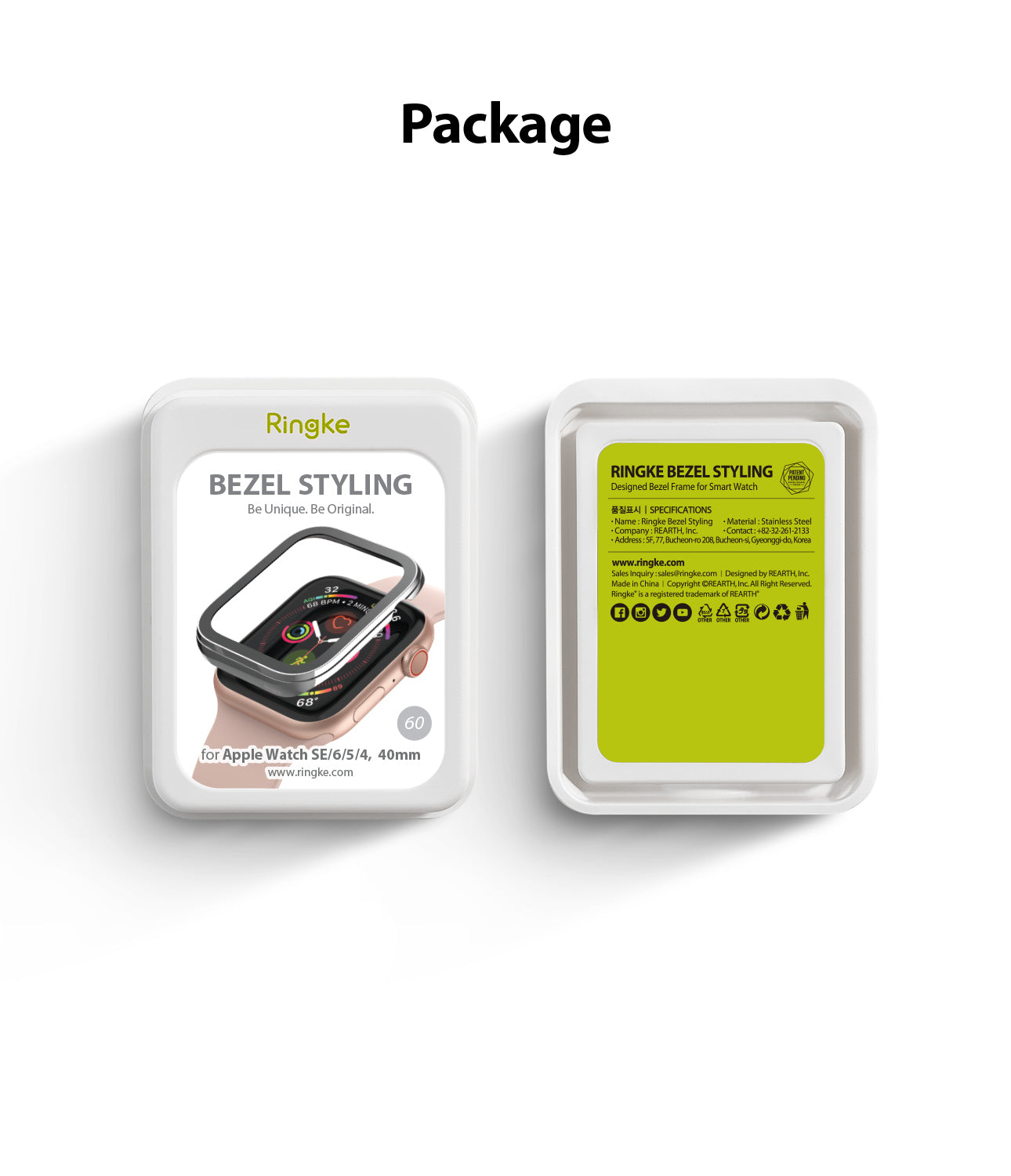 Apple Watch Series 6 / 5 / 4 / SE (40mm) | Premium Bezel Styling Silver + Black - Front and back of Ringke packaging.