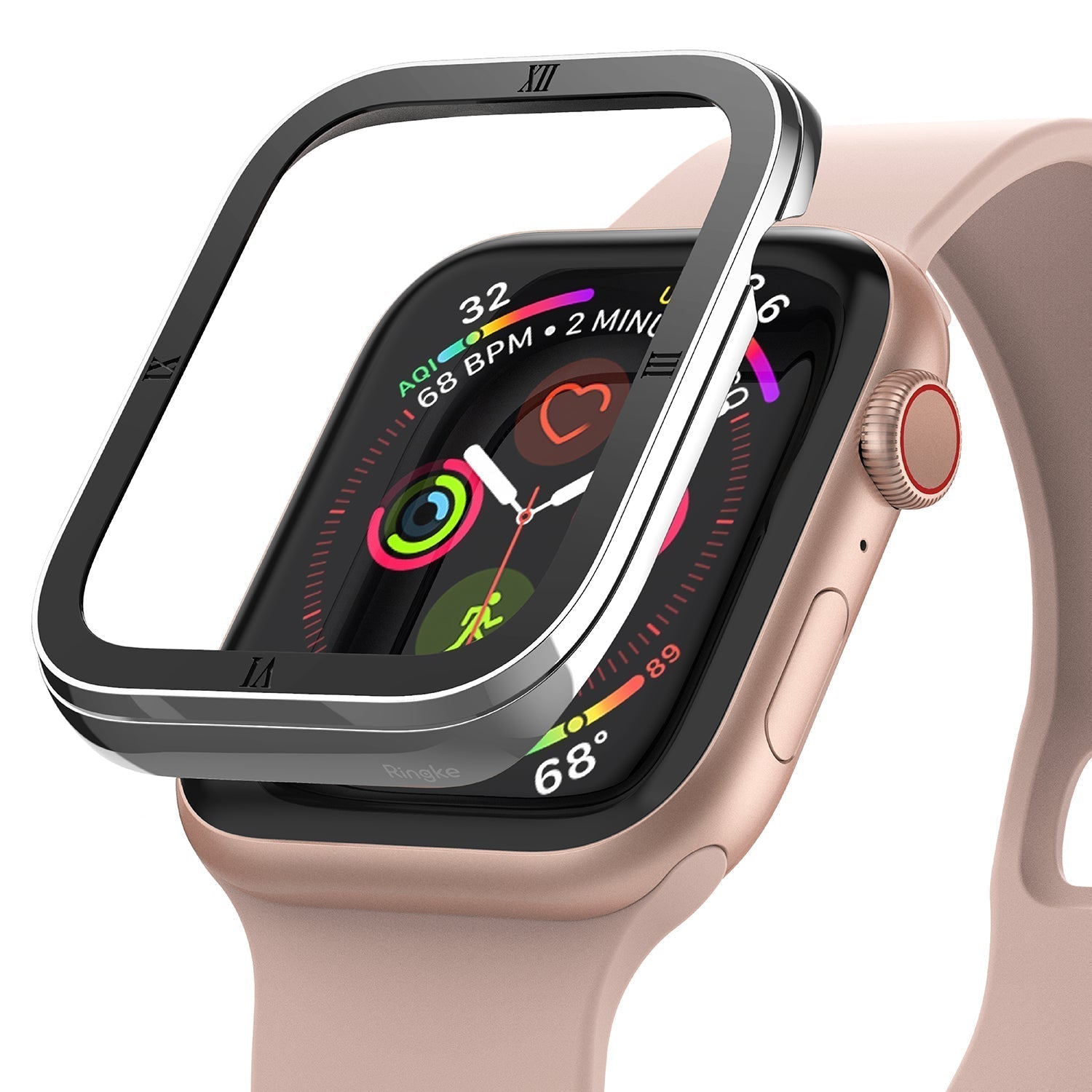 Apple Watch Series 6 / 5 / 4 / SE (40mm) | Premium Bezel Styling Silver + Black - Silver and black bezel hovering over watch.