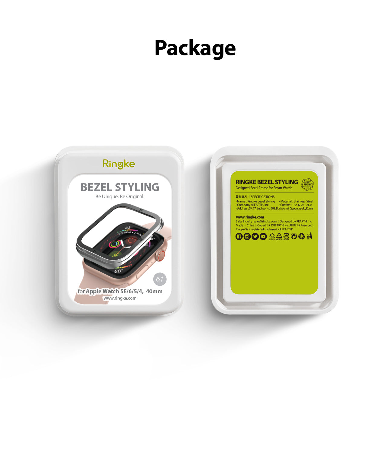 Apple Watch Series 6 / 5 / 4 / SE (40mm) | Premium Bezel Styling Silver + Black - Front and back of Ringke packaging.