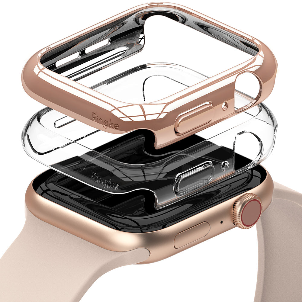 Apple Watch Series 6 / 5 / 4 / SE (44mm) Case | Slim (2 Pack) - Apple Watch Series 6 / 5 / 4 / SE (44mm) Case | Slim (2 Pack) - Rose gold and clear protective cases stacked above watch.