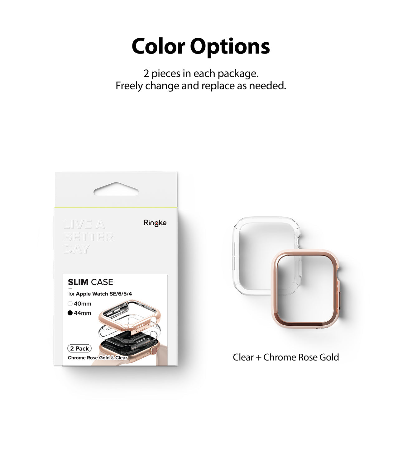 Apple Watch Series 6 / 5 / 4 / SE (44mm) Case | Slim (2 Pack) - Apple Watch Series 6 / 5 / 4 / SE (44mm) Case | Slim (2 Pack) - Retail packaging and two watch cases in clear and rose gold.