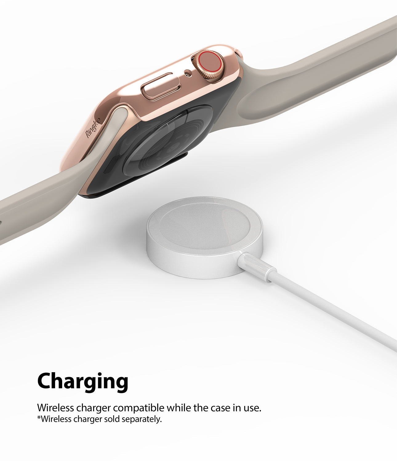 Apple Watch Series 6 / 5 / 4 / SE (44mm) Case | Slim (2 Pack) - Apple Watch Series 6 / 5 / 4 / SE (44mm) Case - Rose gold watch case hovering above a white wireless charging puck.
