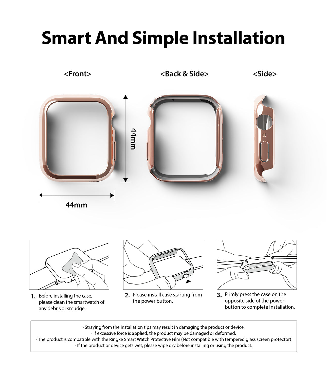 Apple Watch Series 6 / 5 / 4 / SE (44mm) Case | Slim (2 Pack) - Apple Watch Series 6 / 5 / 4 / SE (44mm) Case | Slim (2 Pack) - Rose gold 44mm watch case with installation guide.