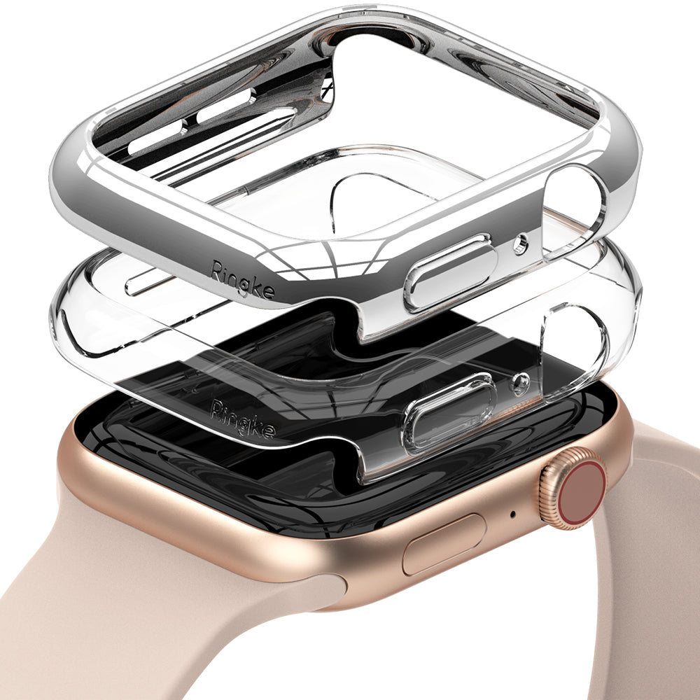 Apple Watch Series 6 / 5 / 4 / SE (44mm) Case | Slim (2 Pack) - Apple Watch Series 6 / 5 / 4 / SE (44mm) Case | Slim (2 Pack) - Two clear protective cases stacked above a gold smartwatch.