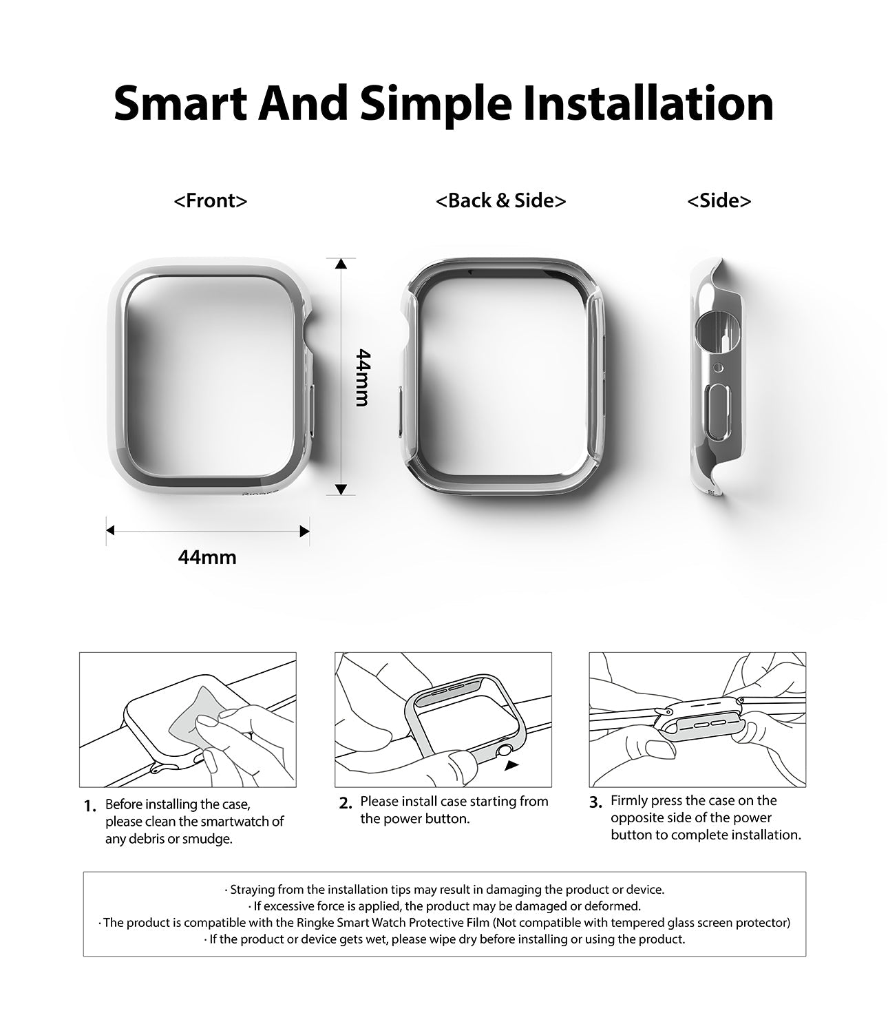 Apple Watch Series 6 / 5 / 4 / SE (44mm) Case | Slim (2 Pack) - Apple Watch Series 6 / 5 / 4 / SE (44mm) Case | Slim (2 Pack) - Diagrams showing 44mm case dimensions and installation steps.