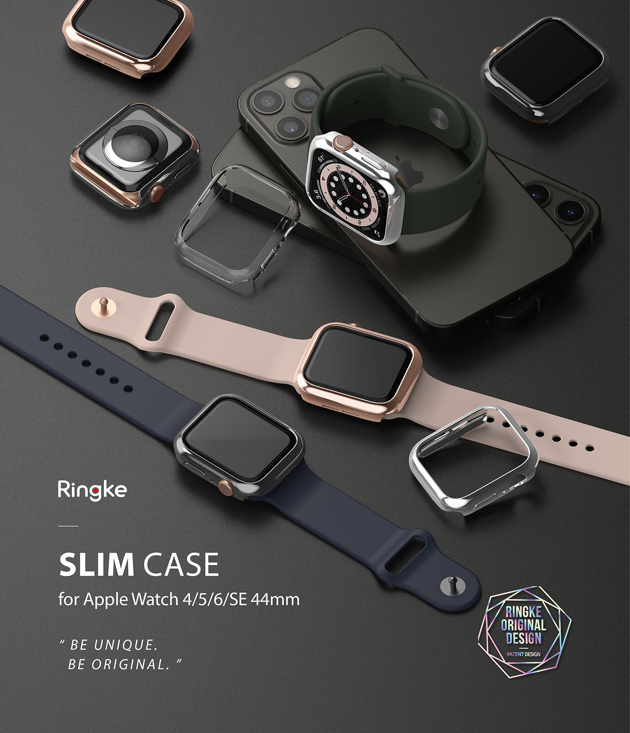 Apple Watch Series 6 / 5 / 4 / SE (44mm) Case | Slim (2 Pack) - Apple Watch Series 6 / 5 / 4 / SE (44mm) Case | Slim (2 Pack) - Multiple slim protective cases for Apple Watch on a desk.
