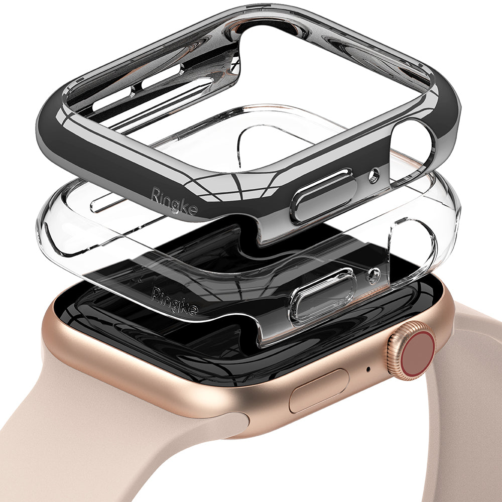 Apple Watch Series 6 / 5 / 4 / SE (44mm) Case | Slim (2 Pack) - Apple Watch Series 6 / 5 / 4 / SE (44mm) Case | Slim (2 Pack) - Two transparent protective cases stacked above a gold watch.