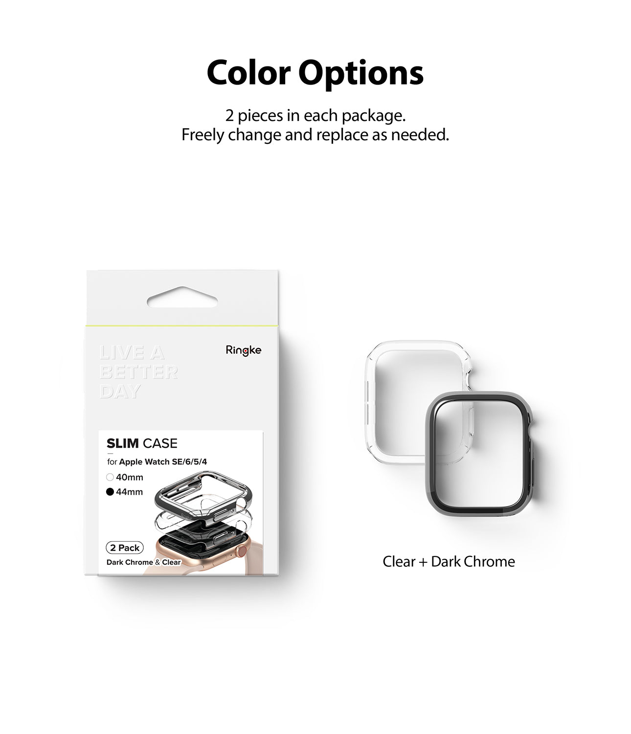Apple Watch Series 6 / 5 / 4 / SE (44mm) Case | Slim (2 Pack) - Apple Watch Series 6 / 5 / 4 / SE (44mm) Case | Slim (2 Pack) - Retail packaging next to clear and dark chrome watch cases.