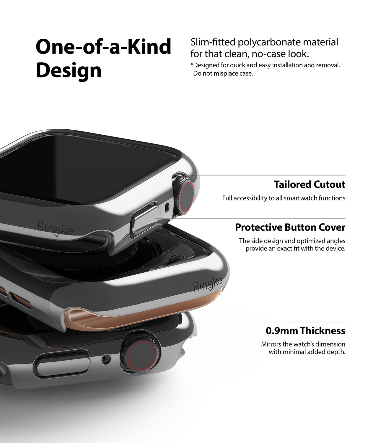 Apple Watch Series 6 / 5 / 4 / SE (44mm) Case | Slim (2 Pack) - Apple Watch Series 6 / 5 / 4 / SE (44mm) Case - Stacked slim polycarbonate watch cases with labeled design features.