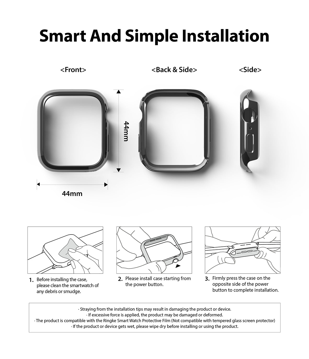 Apple Watch Series 6 / 5 / 4 / SE (44mm) Case | Slim (2 Pack) - Apple Watch Series 6 / 5 / 4 / SE (44mm) Case | Slim (2 Pack) - Diagrams showing 44mm watch case dimensions and steps.