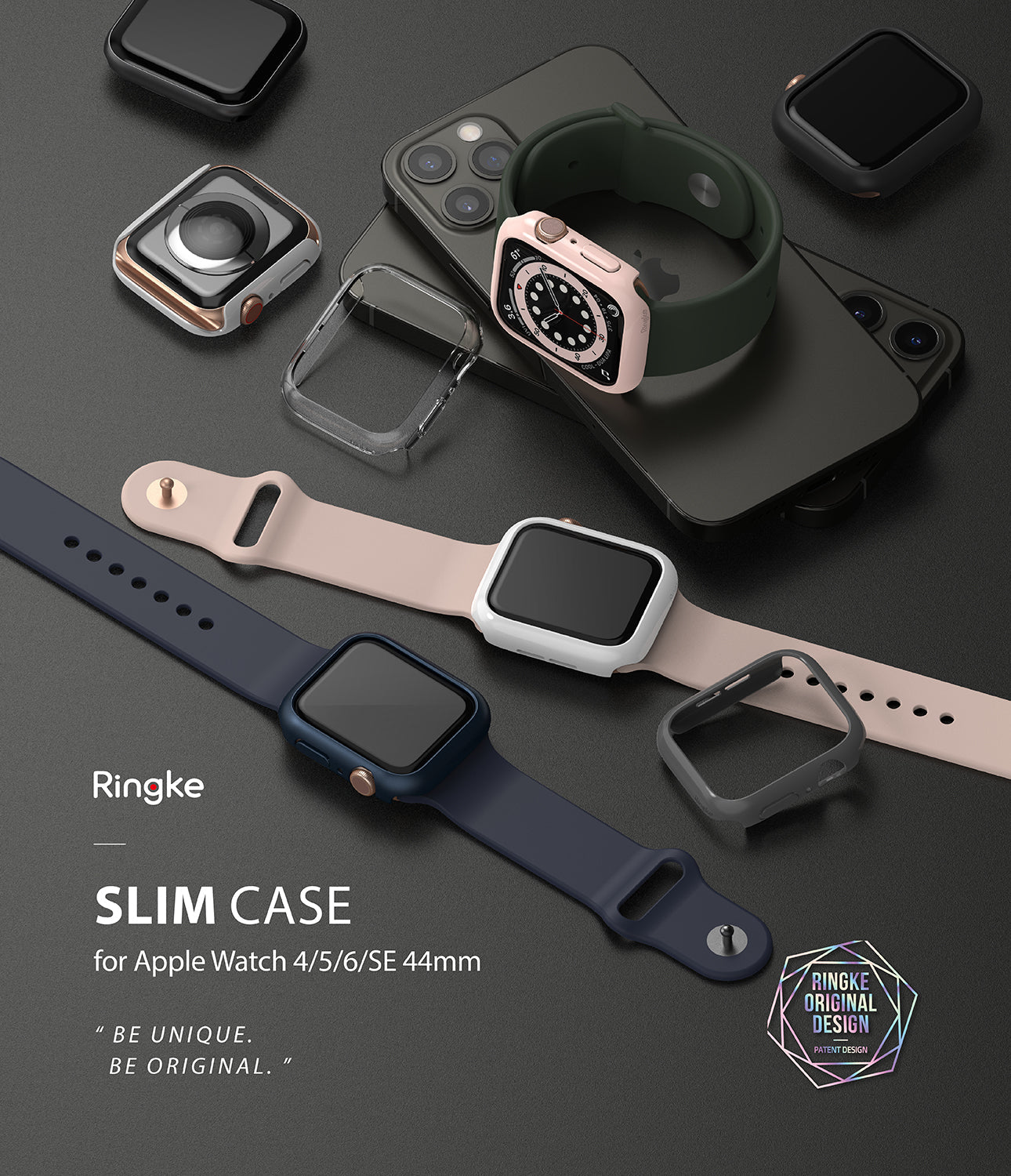 Apple Watch Series 6 / 5 / 4 / SE (44mm) Case | Slim (2 Pack) - Apple Watch Series 6 / 5 / 4 / SE (44mm) Case | Slim (2 Pack) - Assorted slim protective cases for Apple Watch on a desk.