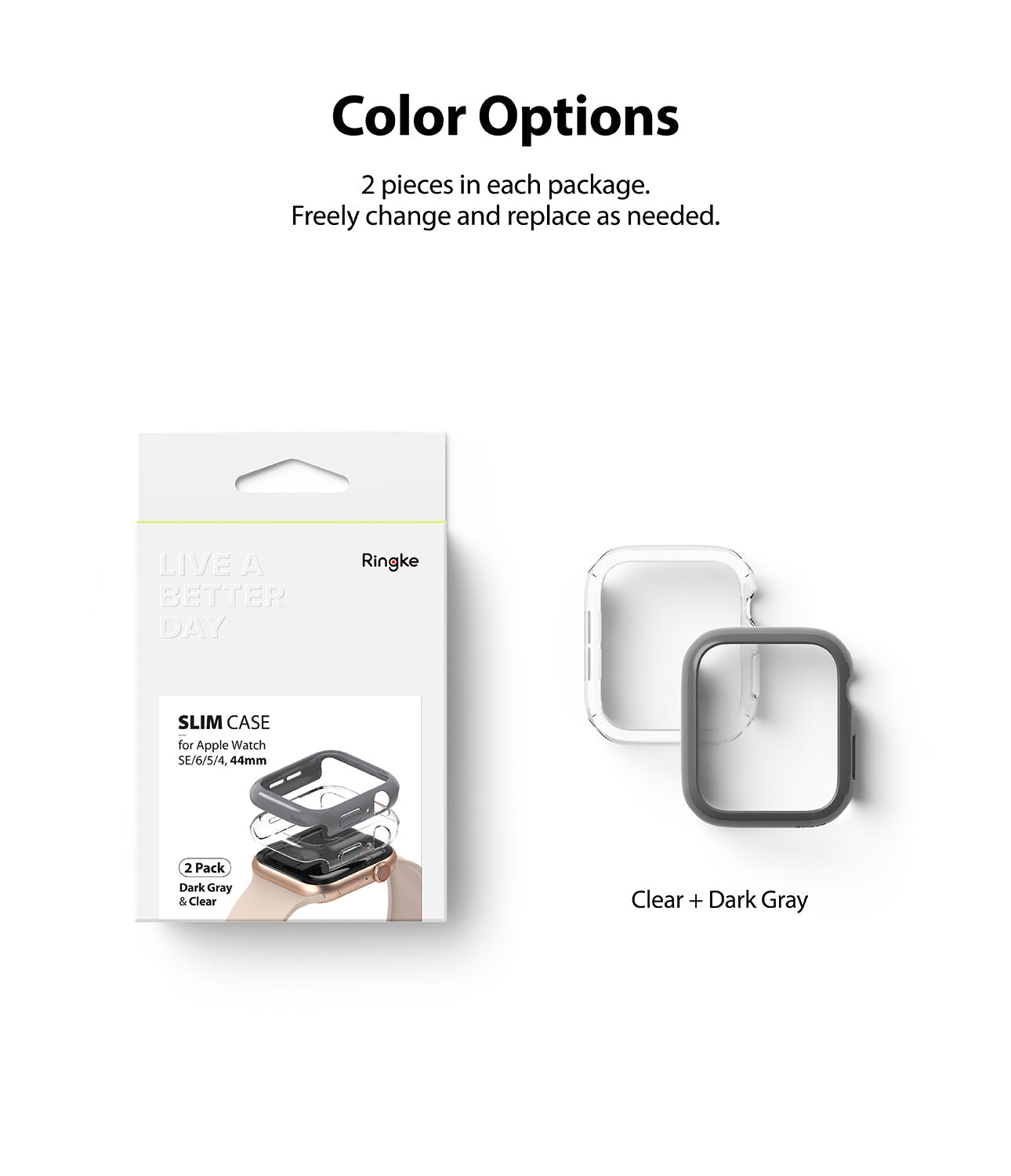 Apple Watch Series 6 / 5 / 4 / SE (44mm) Case | Slim (2 Pack) - Apple Watch Series 6 / 5 / 4 / SE (44mm) Case | Slim (2 Pack) - Retail packaging next to clear and dark gray watch cases.