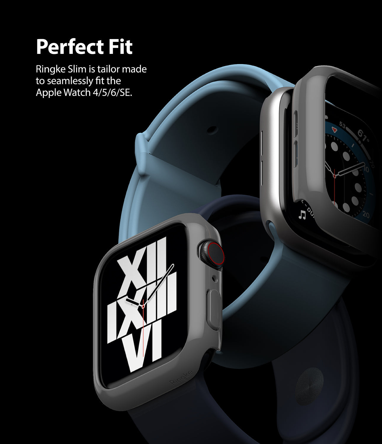 Apple Watch Series 6 / 5 / 4 / SE (44mm) Case | Slim (2 Pack) - Apple Watch Series 6 / 5 / 4 / SE (44mm) Case - Two grey slim protective cases shown on Apple Watches against black.