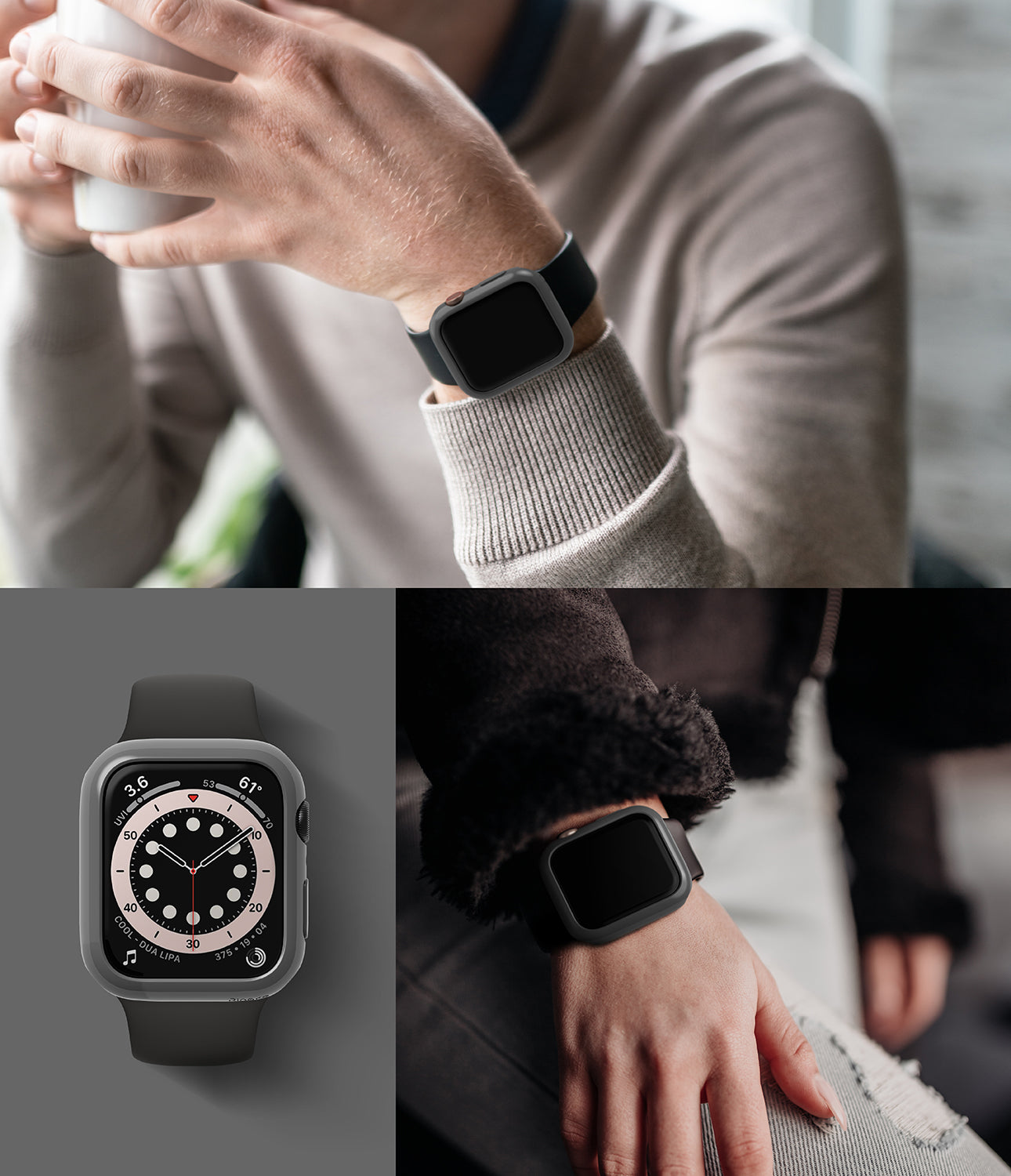 Apple Watch Series 6 / 5 / 4 / SE (44mm) Case | Slim (2 Pack) - Apple Watch Series 6 / 5 / 4 / SE (44mm) Case | Slim (2 Pack) - Matte dark grey protective case on black Apple Watch.