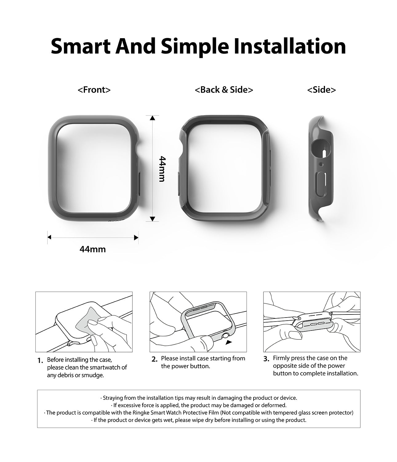 Apple Watch Series 6 / 5 / 4 / SE (44mm) Case | Slim (2 Pack) - Apple Watch Series 6 / 5 / 4 / SE (44mm) Case - Diagrams showing 44mm dimensions and three-step installation instructions.