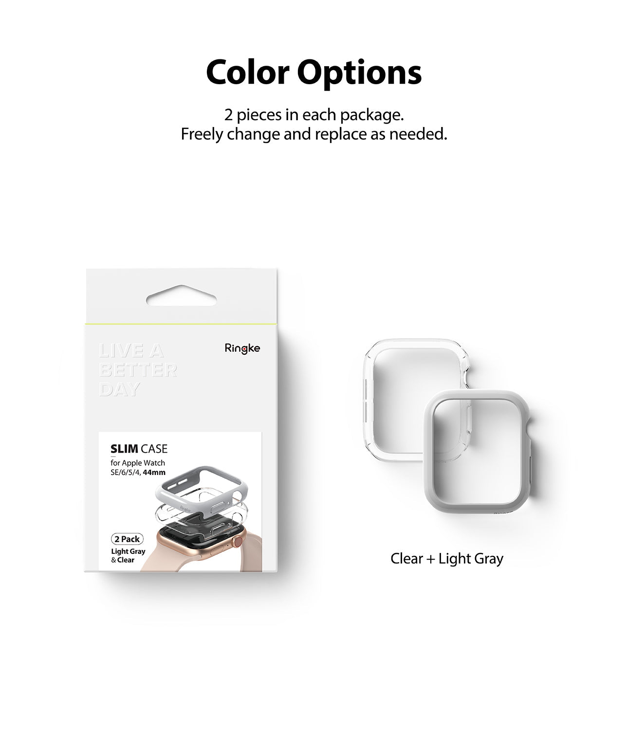 Apple Watch Series 6 / 5 / 4 / SE (44mm) Case | Slim (2 Pack) - Apple Watch Series 6 / 5 / 4 / SE (44mm) Case | Slim (2 Pack) - Retail packaging next to clear and light gray watch cases.