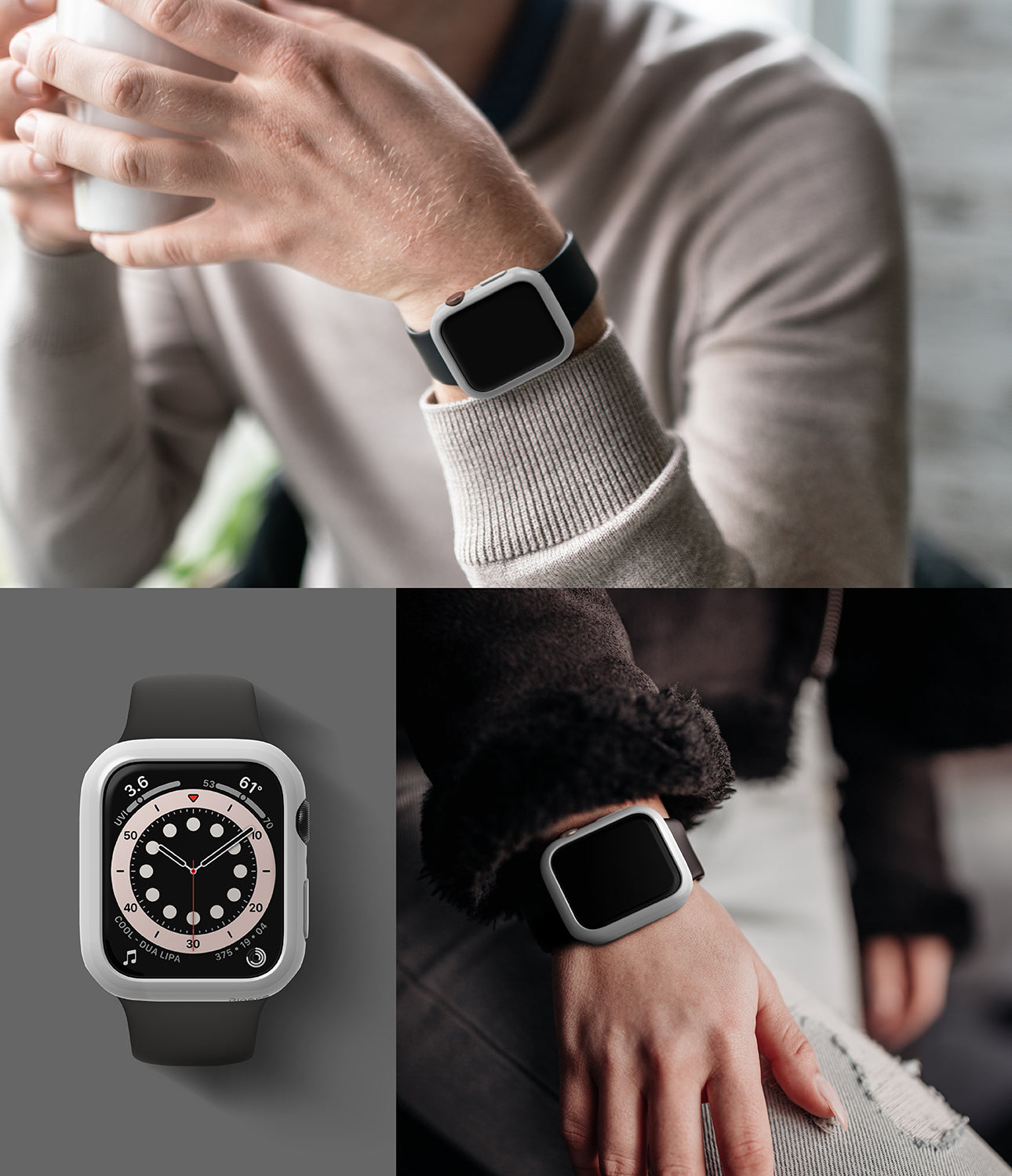 Apple Watch Series 6 / 5 / 4 / SE (44mm) Case | Slim (2 Pack) - Apple Watch Series 6 / 5 / 4 / SE (44mm) Case - Slim white protective cases on Apple Watches worn by two different people.