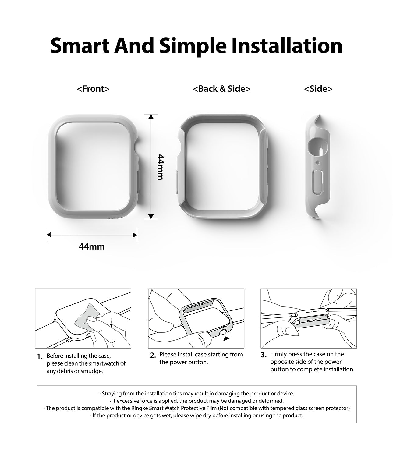 Apple Watch Series 6 / 5 / 4 / SE (44mm) Case | Slim (2 Pack) - Apple Watch Series 6 / 5 / 4 / SE (44mm) Case | Slim (2 Pack) - Technical diagram showing 44mm case views and installation steps.