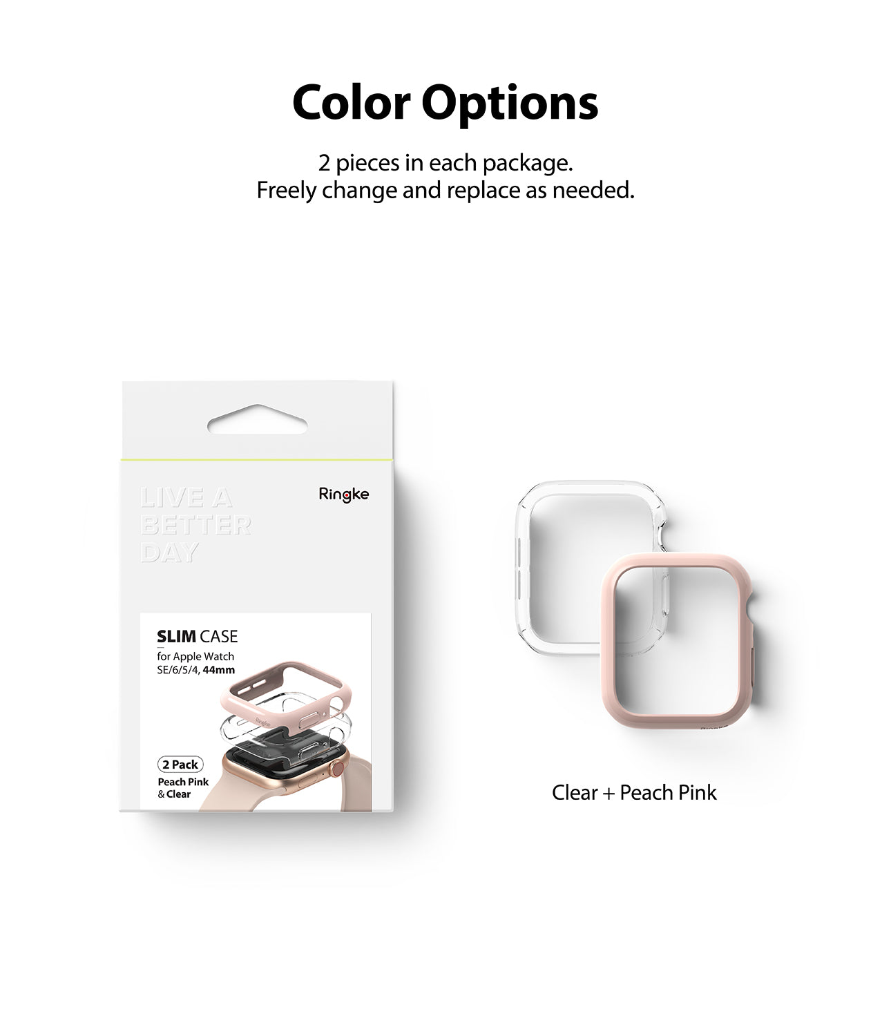 Apple Watch Series 6 / 5 / 4 / SE (44mm) Case | Slim (2 Pack) - Apple Watch Series 6 / 5 / 4 / SE (44mm) Case | Slim (2 Pack) - Clear and peach pink protective cases for Apple Watch.