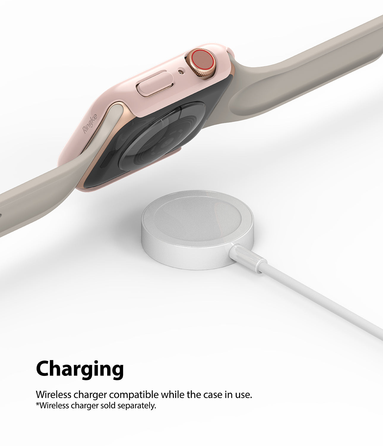 Apple Watch Series 6 / 5 / 4 / SE (44mm) Case | Slim (2 Pack) - Apple Watch Series 6 / 5 / 4 / SE (44mm) Case | Slim (2 Pack) - Pink protective case on Apple Watch hovering over charger.