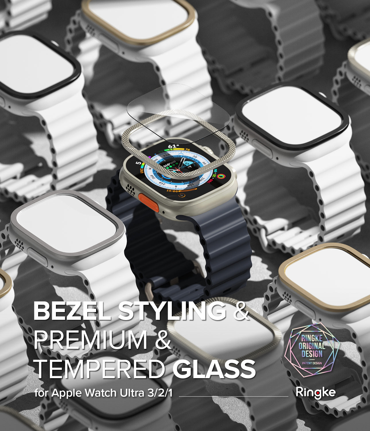 Smartwatch with bezel styling and tempered glass on a patterned background, featuring the Ringke brand.