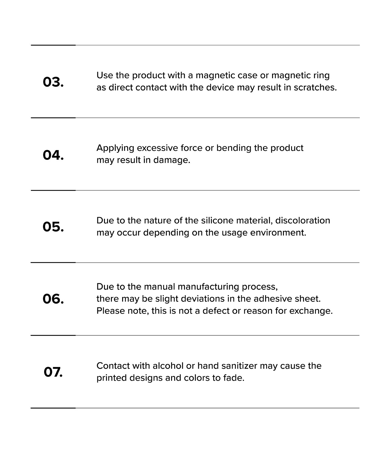 Dual Magnetic Silicone Ring - A numbered list of five product care instructions regarding usage, material, and maintenance.