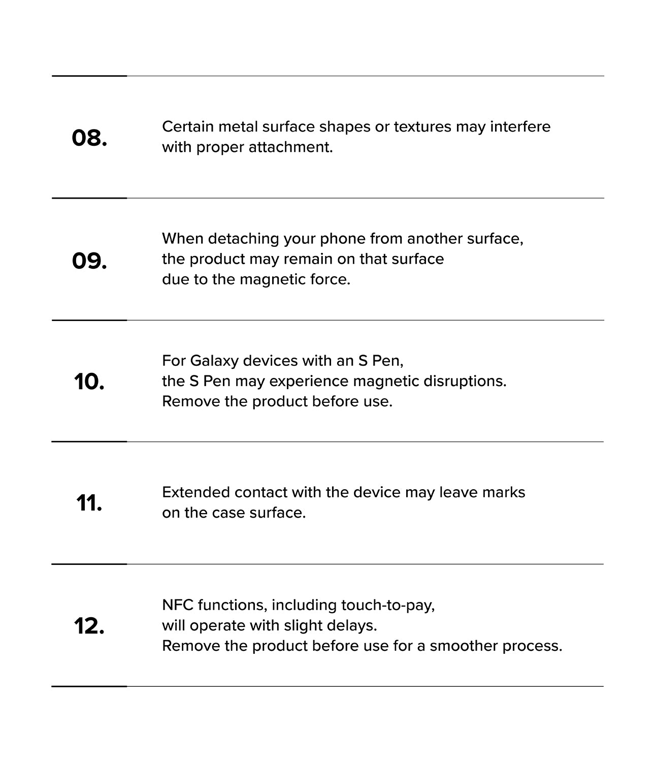 Dual Magnetic Silicone Ring - Numbered list of five safety and usage warnings regarding magnetic interference and device care.