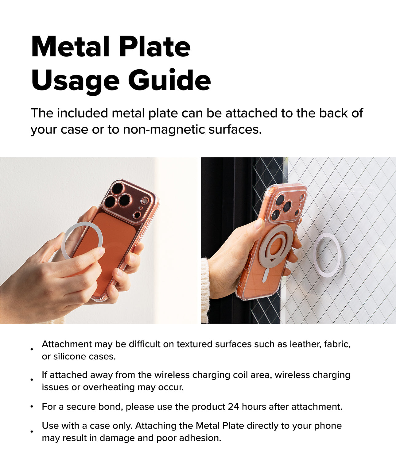 Dual Magnetic Silicone Ring - Instructional graphic showing how to attach a metal ring to a phone case for magnetic mounting.