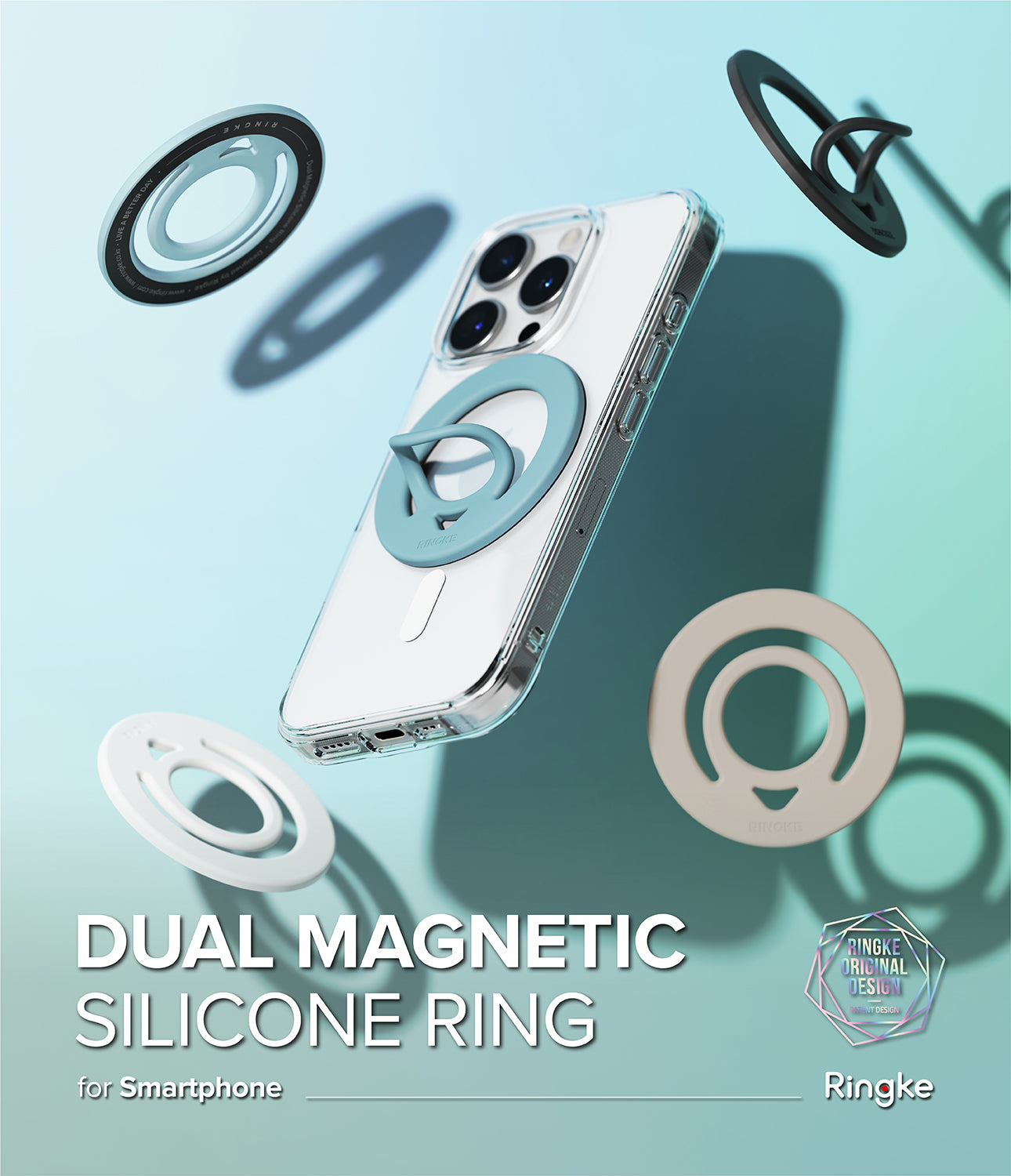 Dual Magnetic Silicone Ring - A smartphone with a blue silicone ring attached, surrounded by floating rings in various colors.