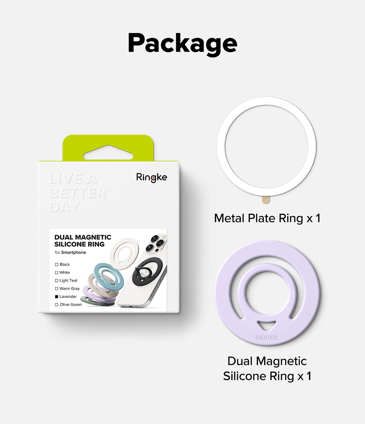 Dual Magnetic Silicone Ring - Ringke dual magnetic silicone ring package shown with two rings on a light gray background: a white metal plate ring and a lavender silicone ring, with text labels indicating the package contents.