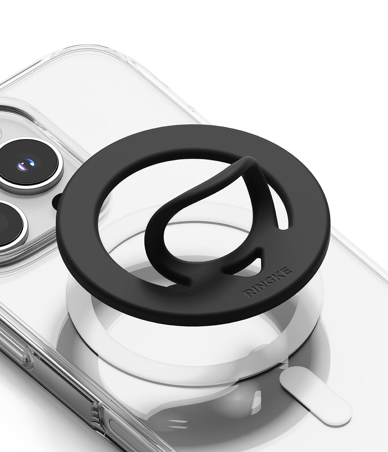 Dual Magnetic Silicone Ring - Black silicone ring with a flexible finger loop attached to a clear phone case.