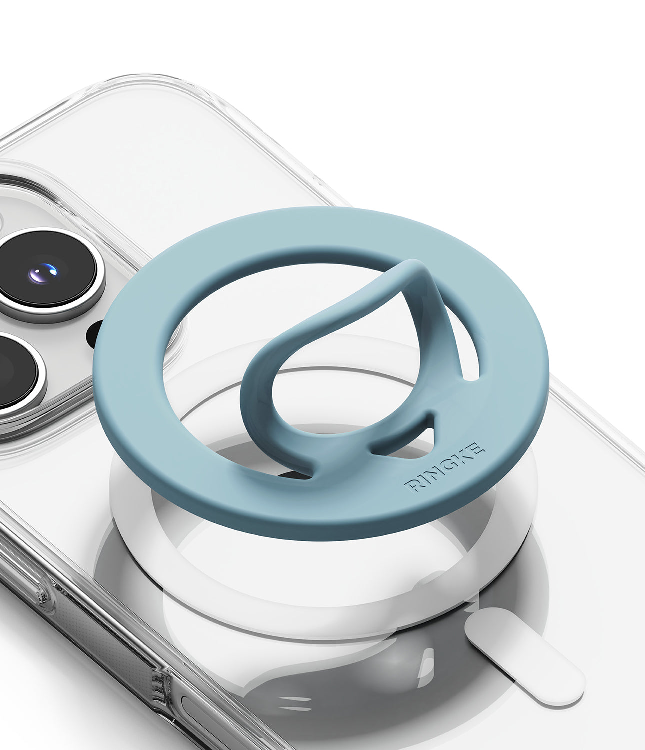 Dual Magnetic Silicone Ring - A light blue silicone ring grip attached to a clear phone case with a magnetic ring mount.