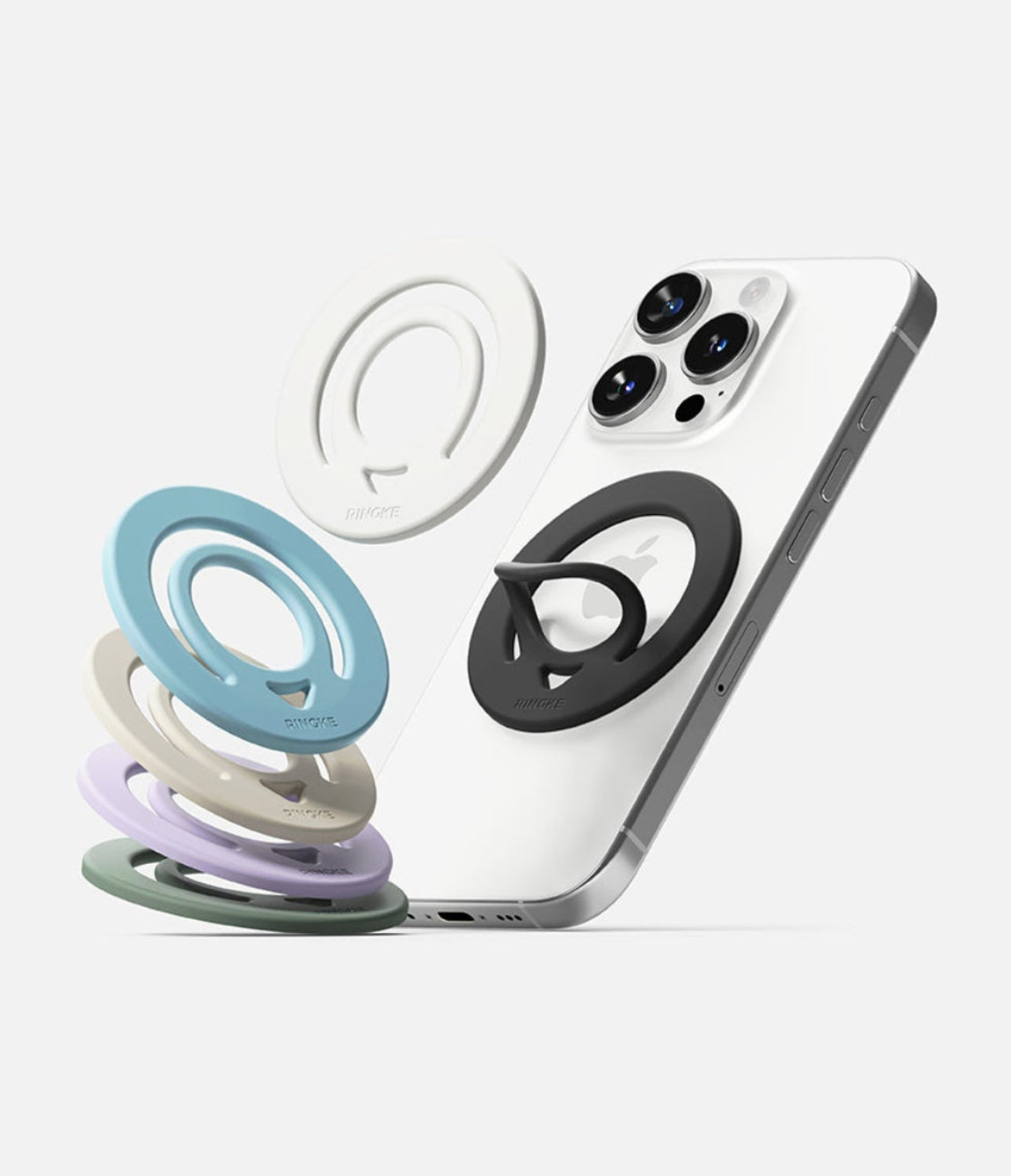 Dual Magnetic Silicone Ring - Magnetic silicone phone ring grip shown attached to a smartphone, with multiple color options displayed.