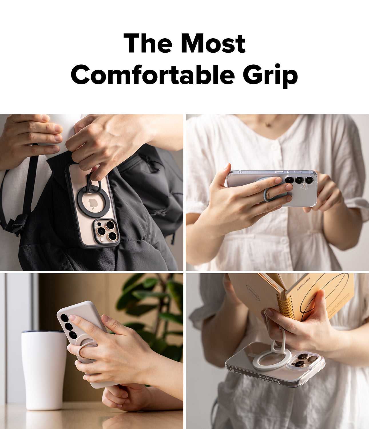 Dual Magnetic Silicone Ring - Four photos showing people using a magnetic silicone ring to hold their smartphones securely.