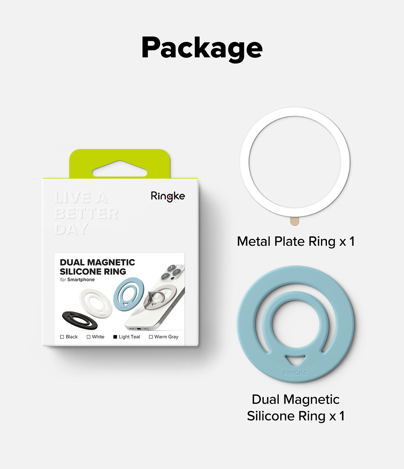 Dual Magnetic Silicone Ring - Packaging box, a white metal plate ring, and a light teal silicone magnetic ring.