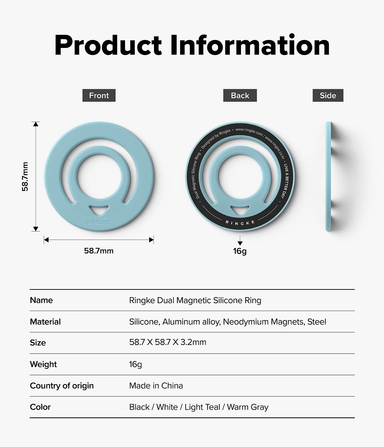 Dual Magnetic Silicone Ring - Technical diagram showing front, back, and side views with dimensions and product specifications.