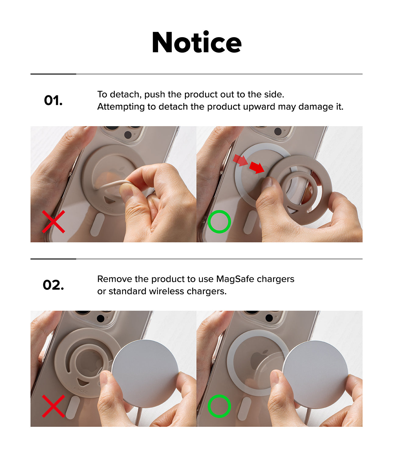 Dual Magnetic Silicone Ring - Instructions showing how to slide the ring off the phone and remove it for wireless charging.